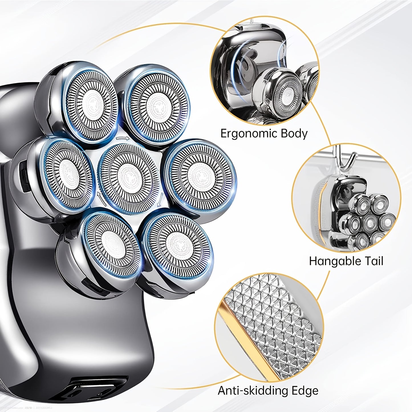 Men'S Electric Head Shaver Razor - Rechargeable Cordless Hair Shaving Razors for Bald Man 6 in 1 Wet Dry Beard Trimmer Body Hair Cutting Clipper Grooming Kit 7 Rotary Heads (Gray) - Power Supply: USB Charging (built-in Batter