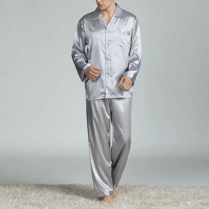 Mens Satin Silk Pajama Sets Sleepwear Casual Nightgown Loose Loungewear Pajamas Pijamas Autumn New Print Nightwear Homewear