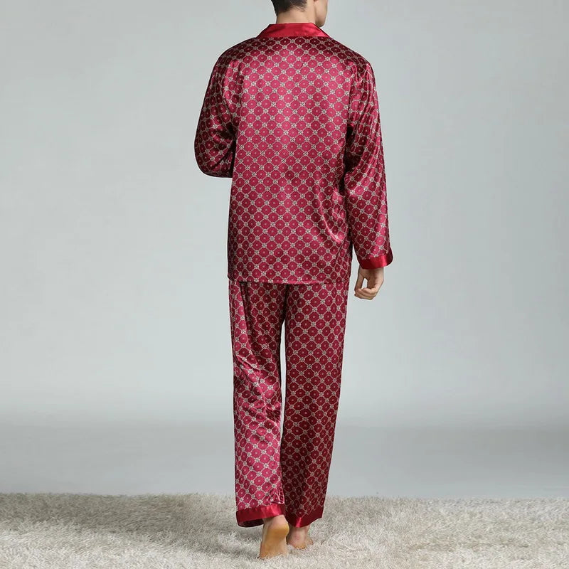 Mens Satin Silk Pajama Sets Sleepwear Casual Nightgown Loose Loungewear Pajamas Pijamas Autumn New Print Nightwear Homewear
