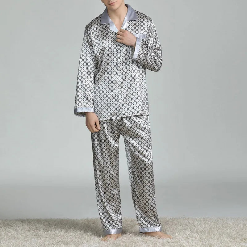 Mens Satin Silk Pajama Sets Sleepwear Casual Nightgown Loose Loungewear Pajamas Pijamas Autumn New Print Nightwear Homewear