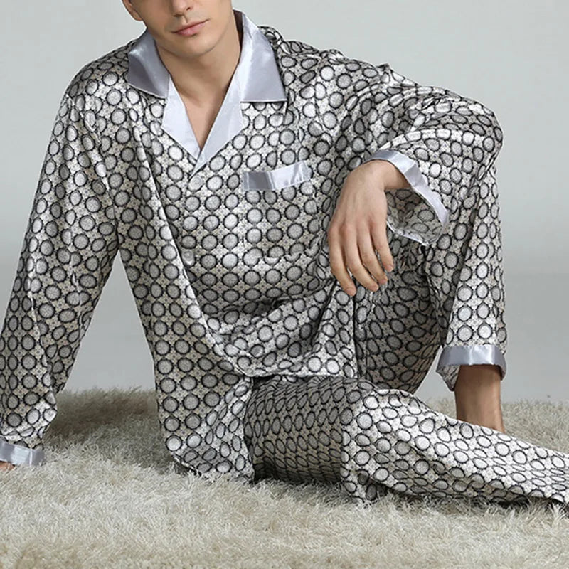 Mens Satin Silk Pajama Sets Sleepwear Casual Nightgown Loose Loungewear Pajamas Pijamas Autumn New Print Nightwear Homewear