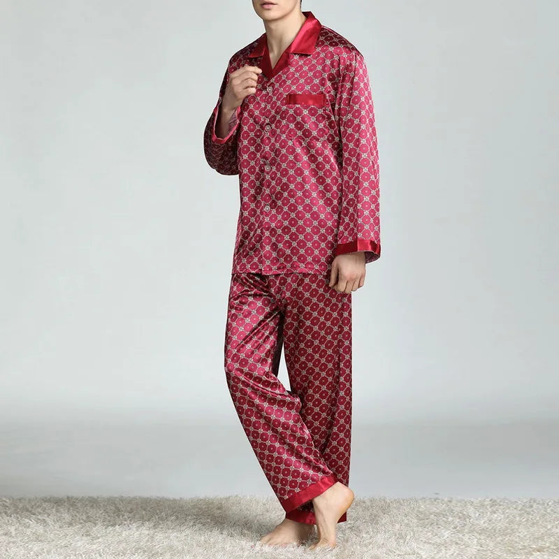 Mens Satin Silk Pajama Sets Sleepwear Casual Nightgown Loose Loungewear Pajamas Pijamas Autumn New Print Nightwear Homewear