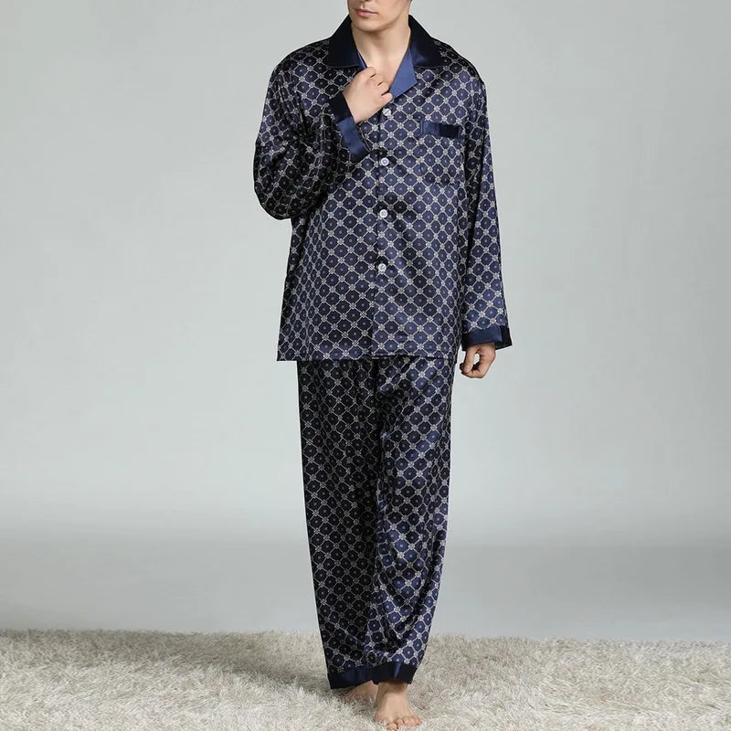 Mens Satin Silk Pajama Sets Sleepwear Casual Nightgown Loose Loungewear Pajamas Pijamas Autumn New Print Nightwear Homewear