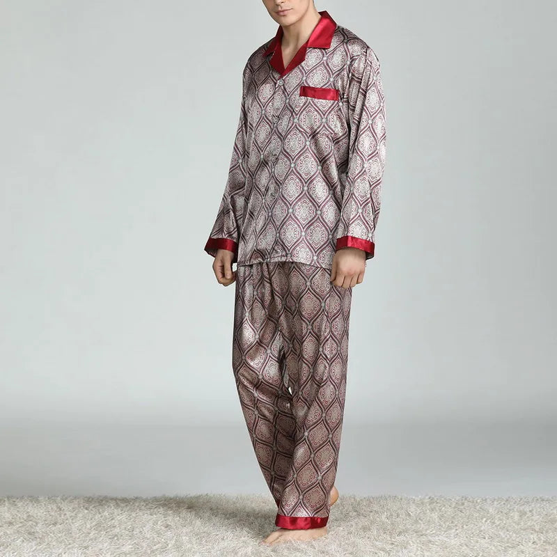 Mens Satin Silk Pajama Sets Sleepwear Casual Nightgown Loose Loungewear Pajamas Pijamas Autumn New Print Nightwear Homewear
