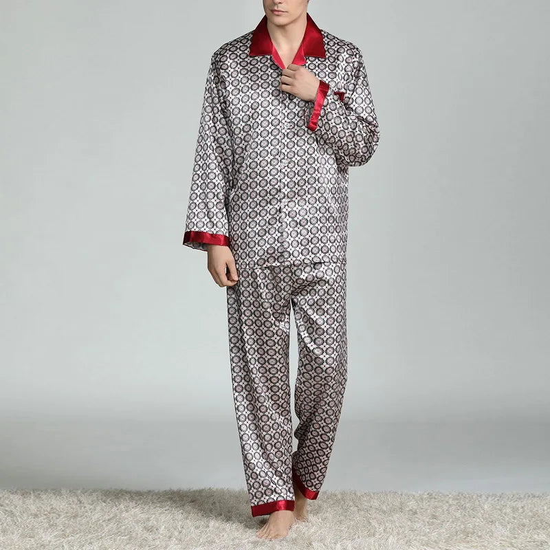 Mens Satin Silk Pajama Sets Sleepwear Casual Nightgown Loose Loungewear Pajamas Pijamas Autumn New Print Nightwear Homewear