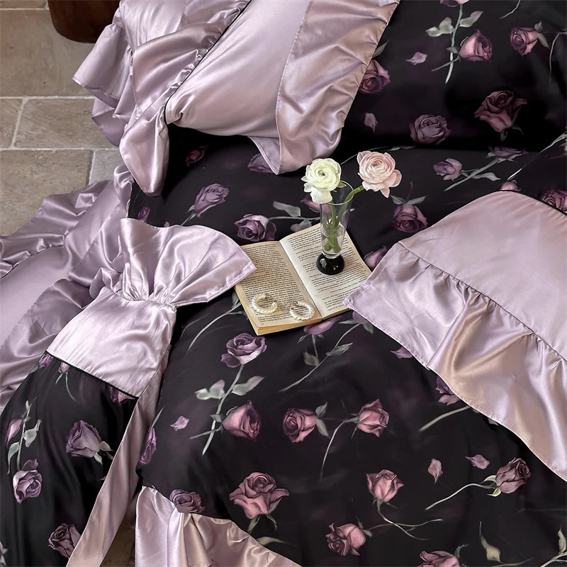 1000TC Egyptian Cotton Vintage Rose Prints Pleated Ruffles Purple Bedding Set Duvet Cover Flat/Fitted Bed Sheet Pillowcases 4Pcs