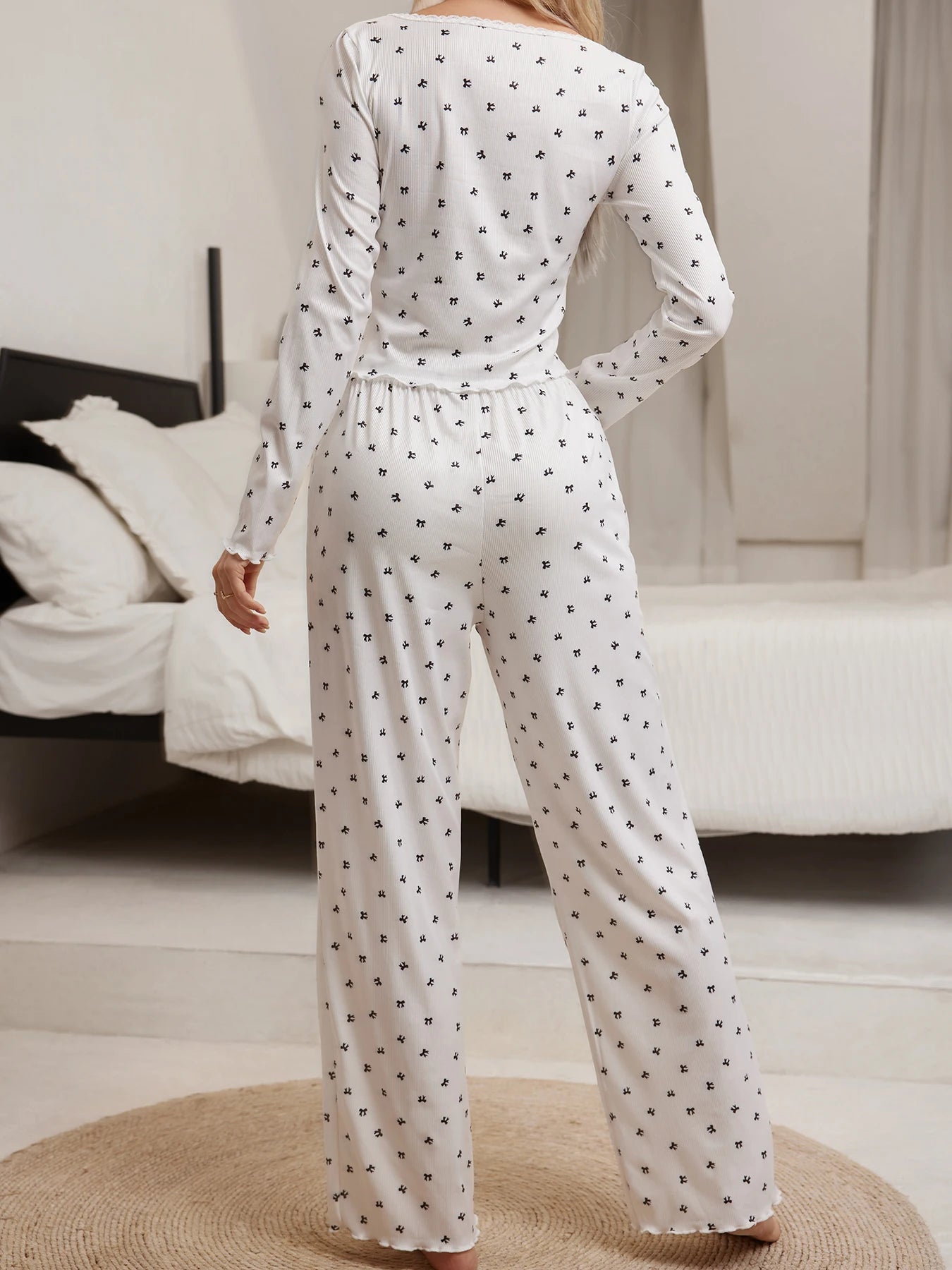 Sleepwear Suit Cute Bowknot Print Lettuce Trim Top with Long Pant Lovely Loungewear Full Sleeve Nightwear Autumn Pajamas Set