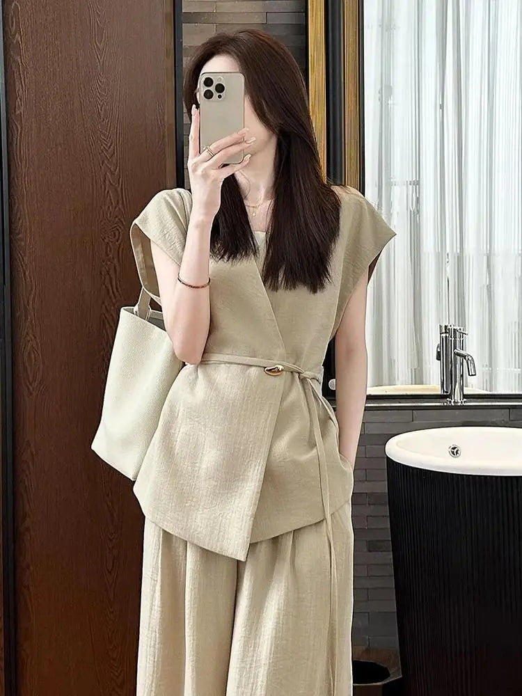 2025 Summer Outfit Set of Temperament High-end and Elegant Little Fragrant Style Khaki Vest Professional Suit Pants for Women