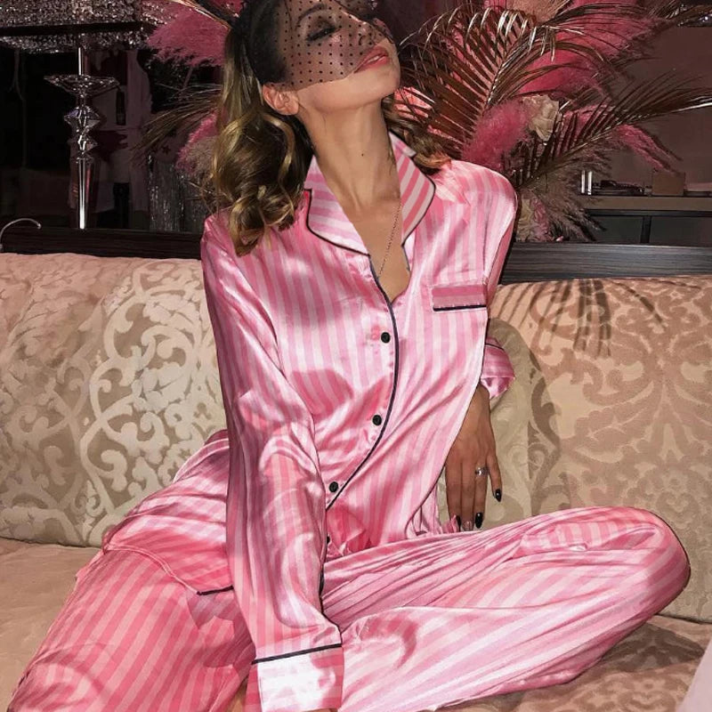 Women's Satin Pink Striped Pajama Set Silk Luxury Long Sleeve Button up Lapel Top with Pants Sleepwear & Loungewear