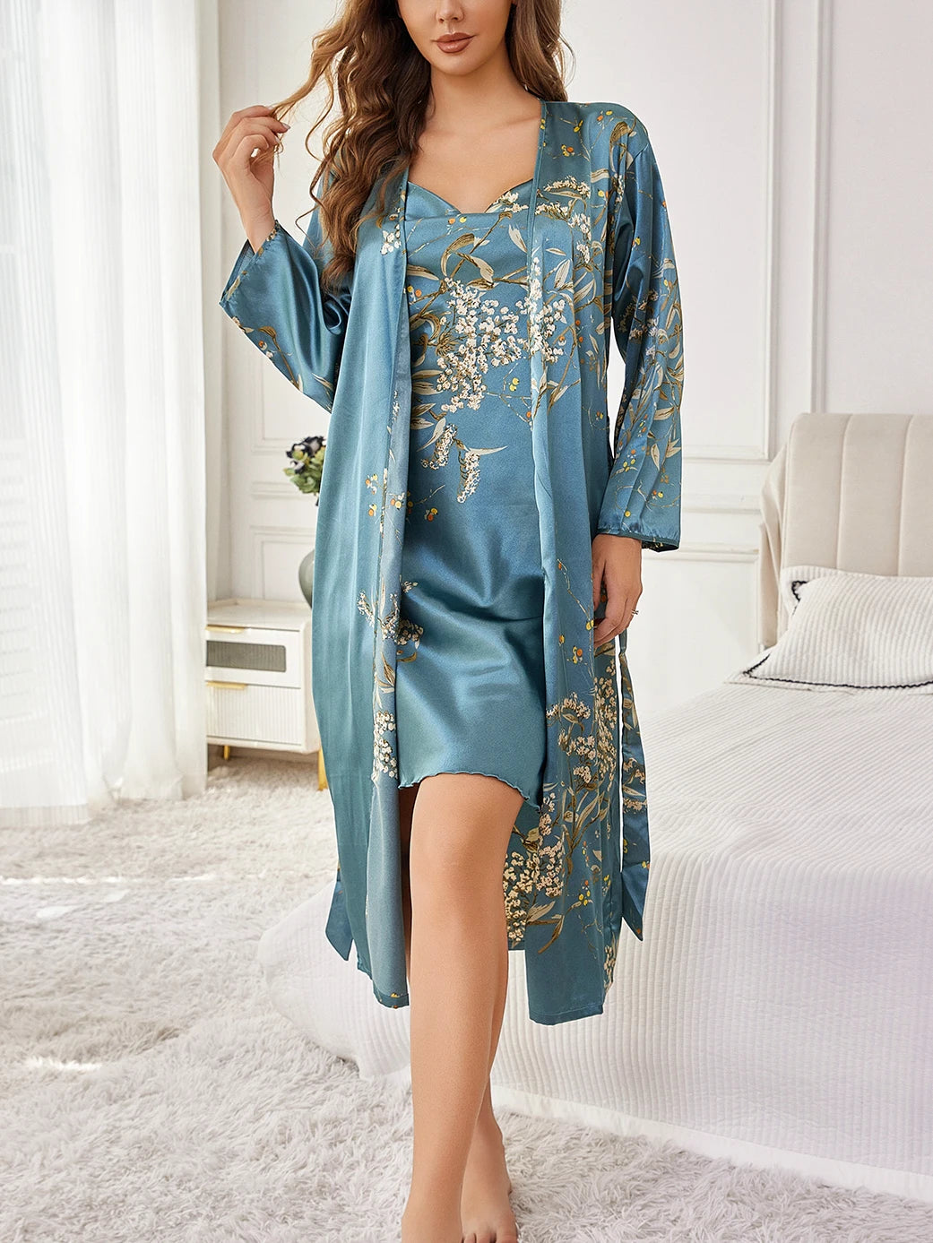 Premium Two Piece Floral Print Robe And Nightgown Set Luxury Elegant Loungewear Effortless Chic Homewear For Cozy Styling