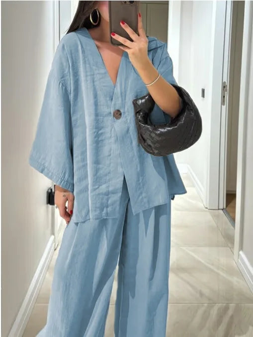 Elegant 2 Piece Set Women Outfit 2025 Summer Casual half sleeve Tops New In Matching Trousers Pants Sets Female Clothing Suit