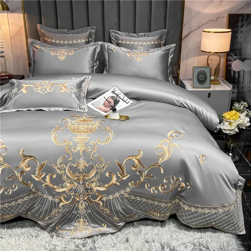 Egyptian Cotton Bedding Set Golden Embroidery Home Textiles Super Soft Bed Duvet Sheet Set King Queen Size Chic Stitch Linen