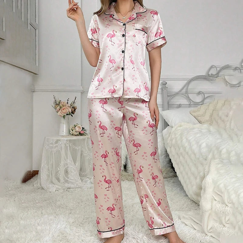 Satin Pajamas for Women Home Clothes Sleepwear Pj Set Autumn Short Sleeve Button Up Top with Lapel Collar & Pants Pyjama Femme