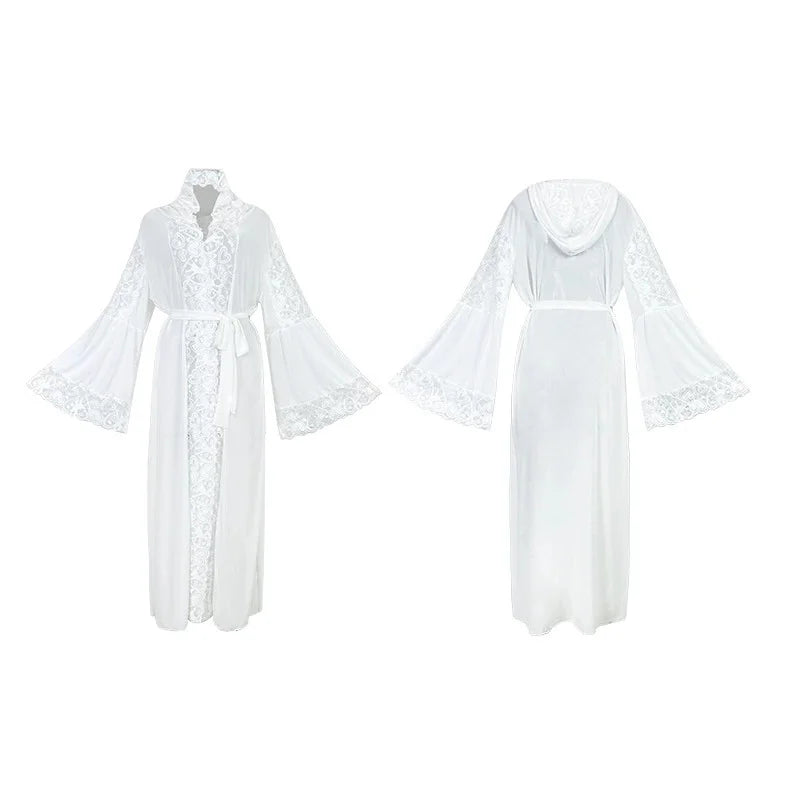 Luxury Mesh Hooded Long Robe Kimono Bathrobe Gown Spring Summer New Female Sleepwear Night Dress Loose Satin Homewear Nightgown