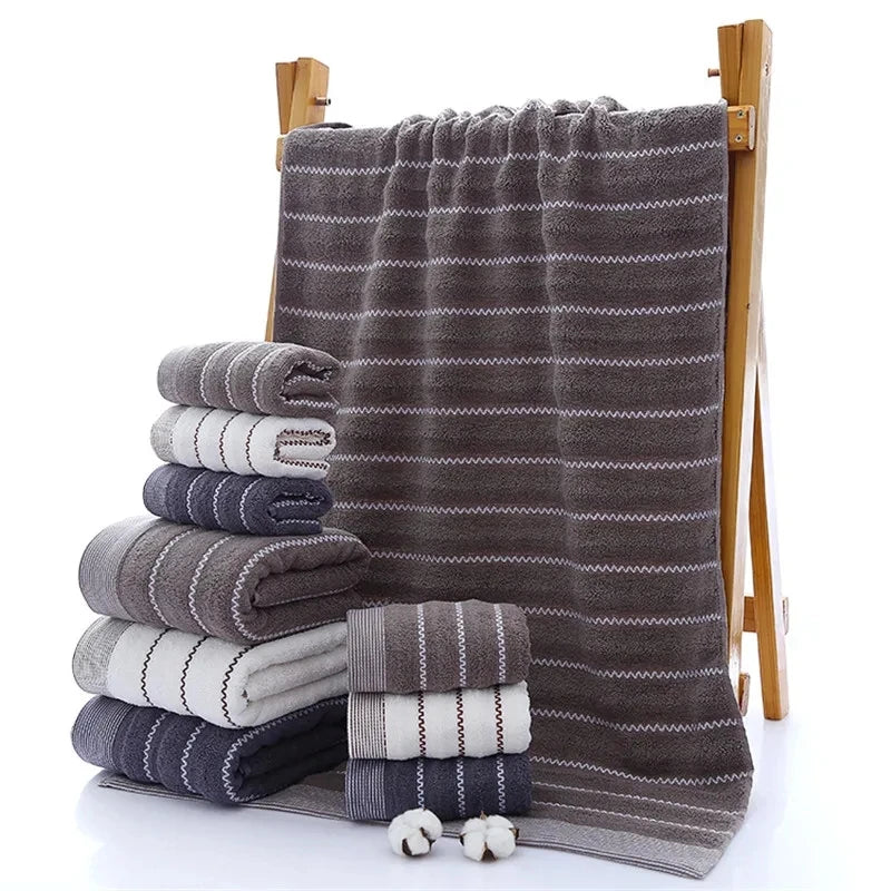 Wave Stripe Towel Set Milk White Hand/Face/Bath Washcloth 100%Cotton 70*140cm+35*75cm*2pcs Beach Toalla For Hotel Home Bathroom