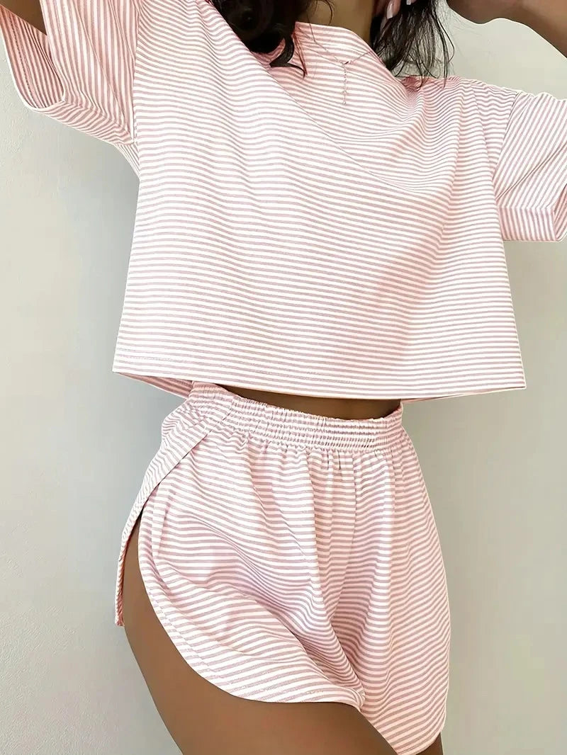 Solid Lounge Set In Various Color Available Midriff-baring Outfit Short-Sleeve Round Neck Top And Shorts Fit Women's Loungewear