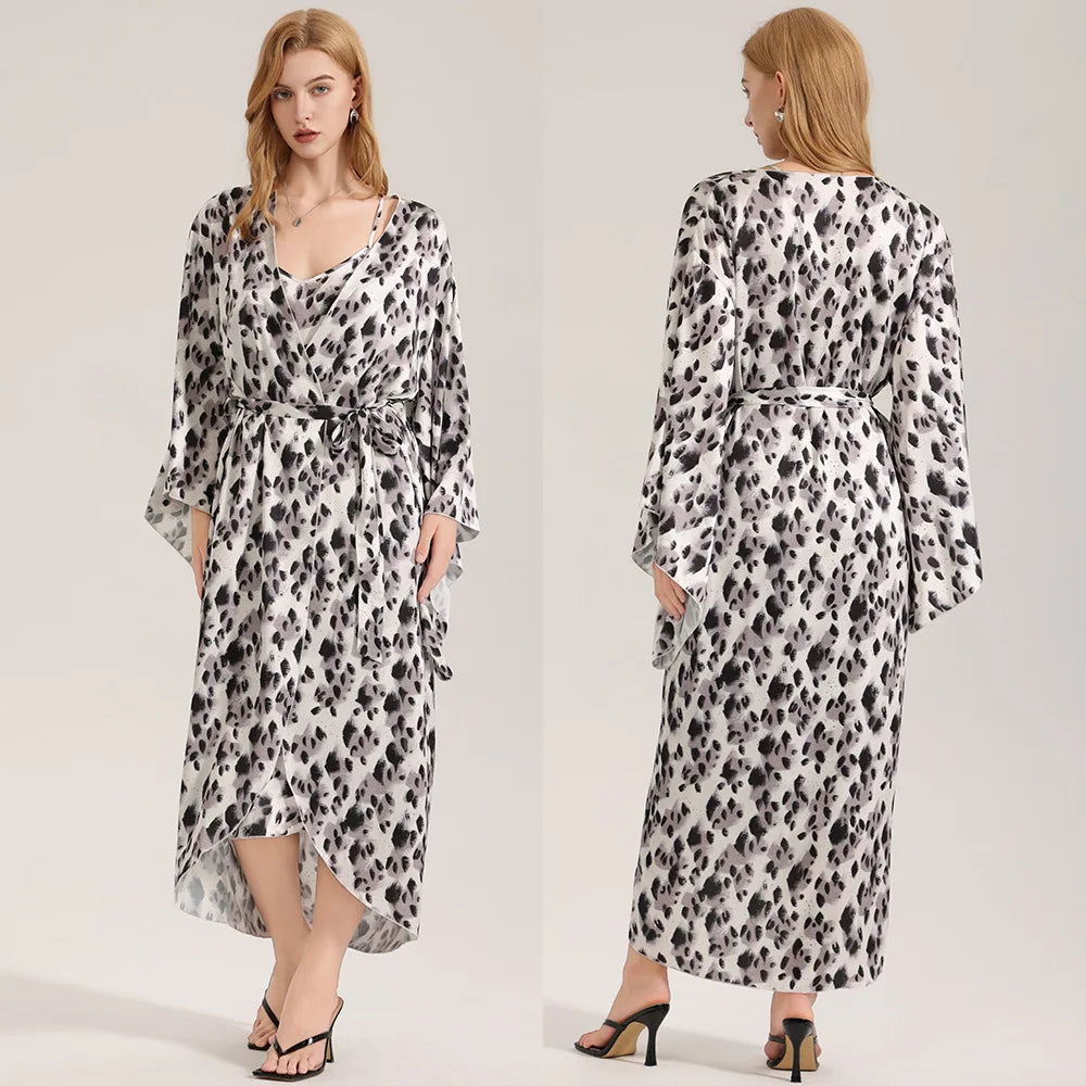 Luxury Leopard Female Long Robe Loungewear Fashion New Kimono Bathrobe Gown Homewear Silky Chiffon Satin Sleepwear Nightgown
