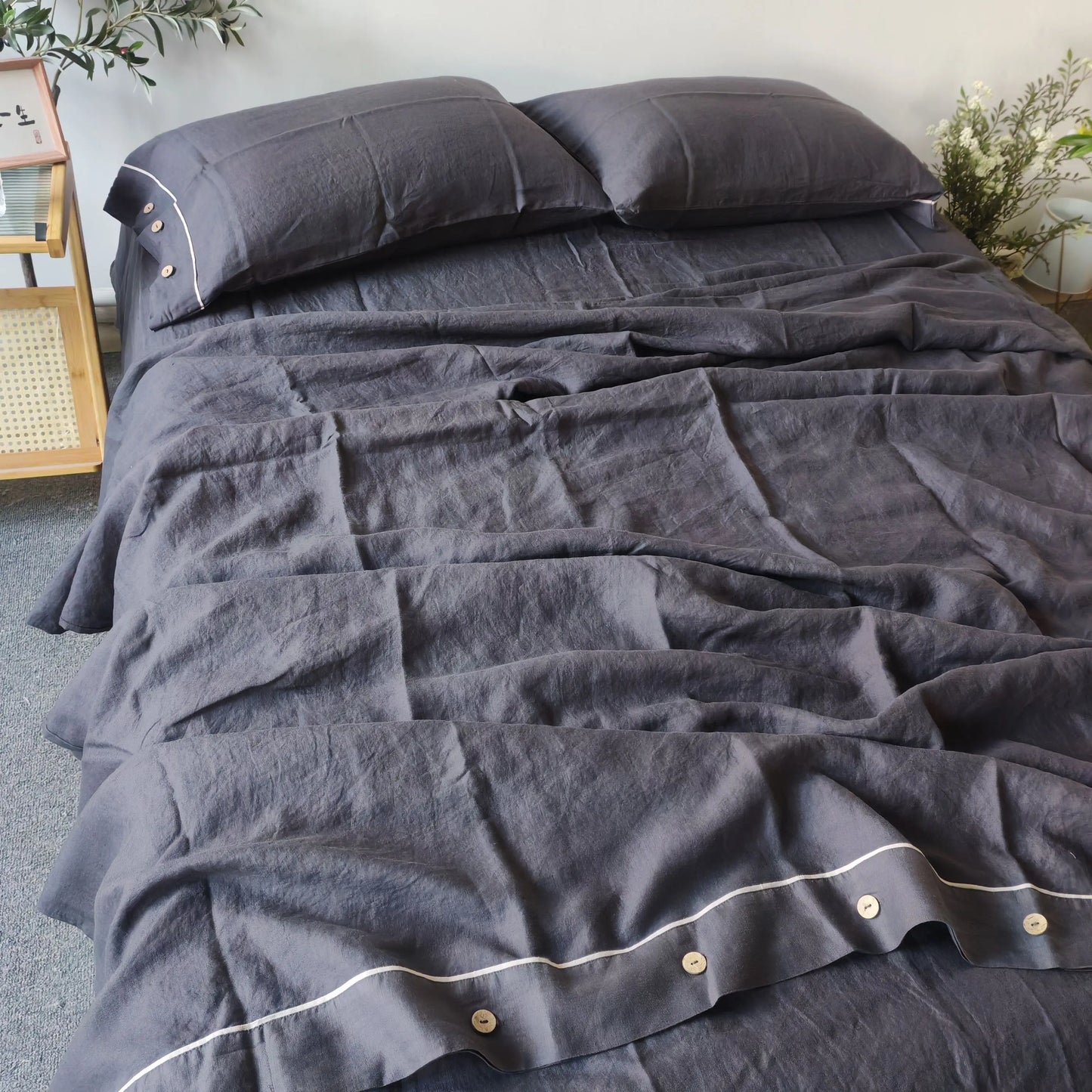 Bed Linen Bedding Set 100% Linen Duvet Cover Set Solid Color Dark Grey Bed Quilt Cover Comforter Cover Fitted Sheet Pillowcases