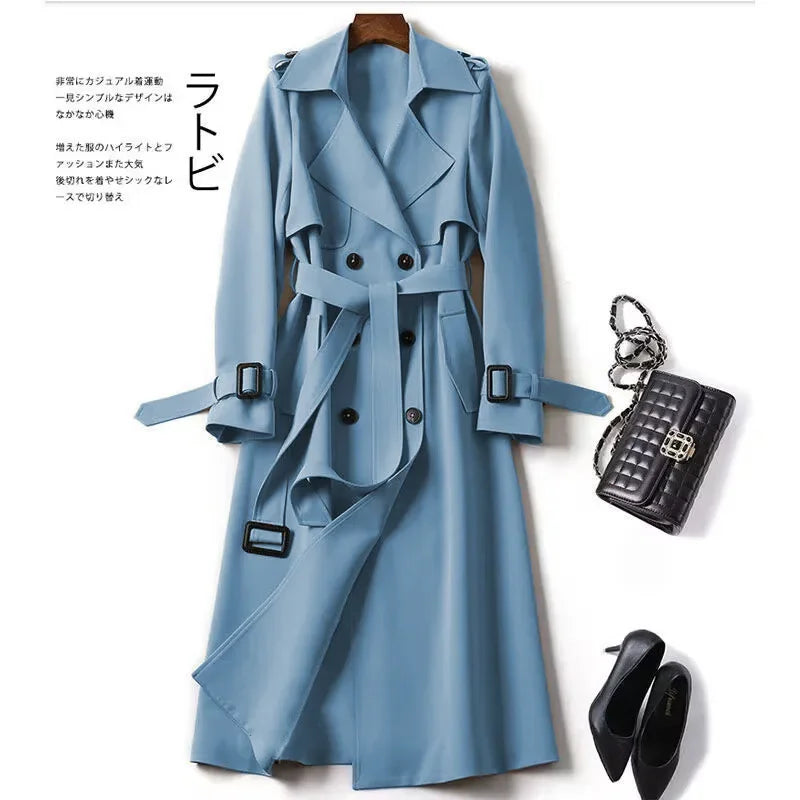 Elegant Women Fashion British Jackets Autumn Winter Widebreaker Streetwear Midi Coats Casual Office Lady Button Slim Chic Coat