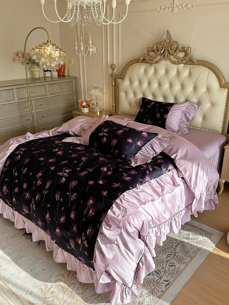 1000TC Egyptian Cotton Vintage Rose Prints Pleated Ruffles Purple Bedding Set Duvet Cover Flat/Fitted Bed Sheet Pillowcases 4Pcs