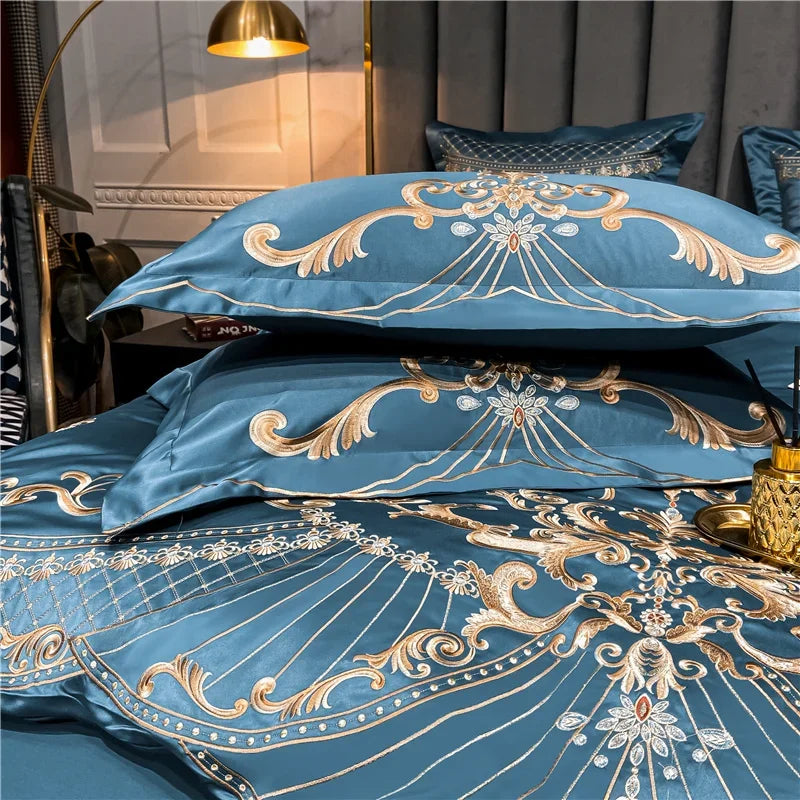 Egyptian Cotton Bedding Set Golden Embroidery Home Textiles Super Soft Bed Duvet Sheet Set King Queen Size Chic Stitch Linen
