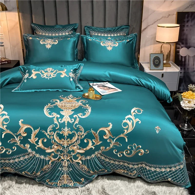 Egyptian Cotton Bedding Set Golden Embroidery Home Textiles Super Soft Bed Duvet Sheet Set King Queen Size Chic Stitch Linen