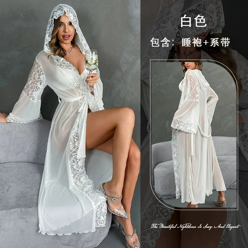 Luxury Mesh Hooded Long Robe Kimono Bathrobe Gown Spring Summer New Female Sleepwear Night Dress Loose Satin Homewear Nightgown
