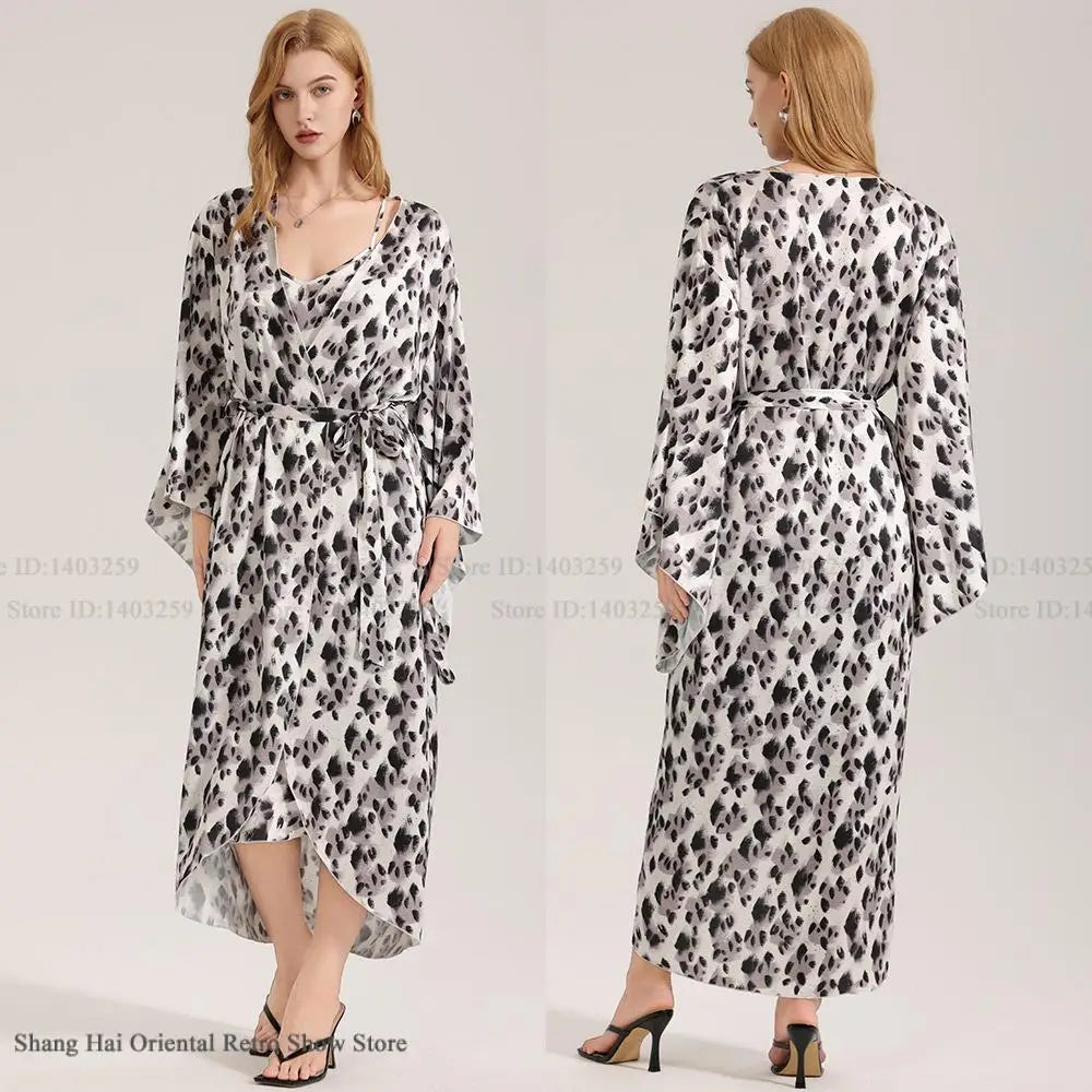 Luxury Leopard Female Long Robe Loungewear Fashion New Kimono Bathrobe Gown Homewear Silky Chiffon Satin Sleepwear Nightgown