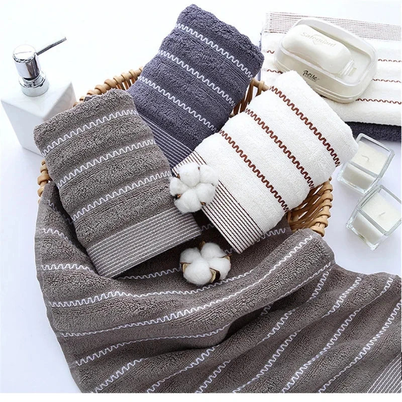 Wave Stripe Towel Set Milk White Hand/Face/Bath Washcloth 100%Cotton 70*140cm+35*75cm*2pcs Beach Toalla For Hotel Home Bathroom