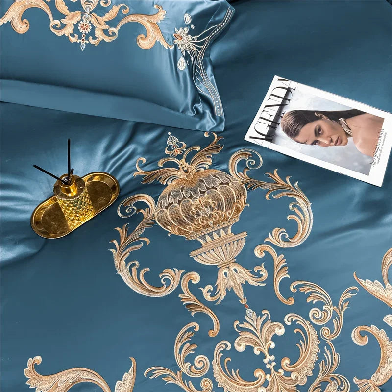 Egyptian Cotton Bedding Set Golden Embroidery Home Textiles Super Soft Bed Duvet Sheet Set King Queen Size Chic Stitch Linen