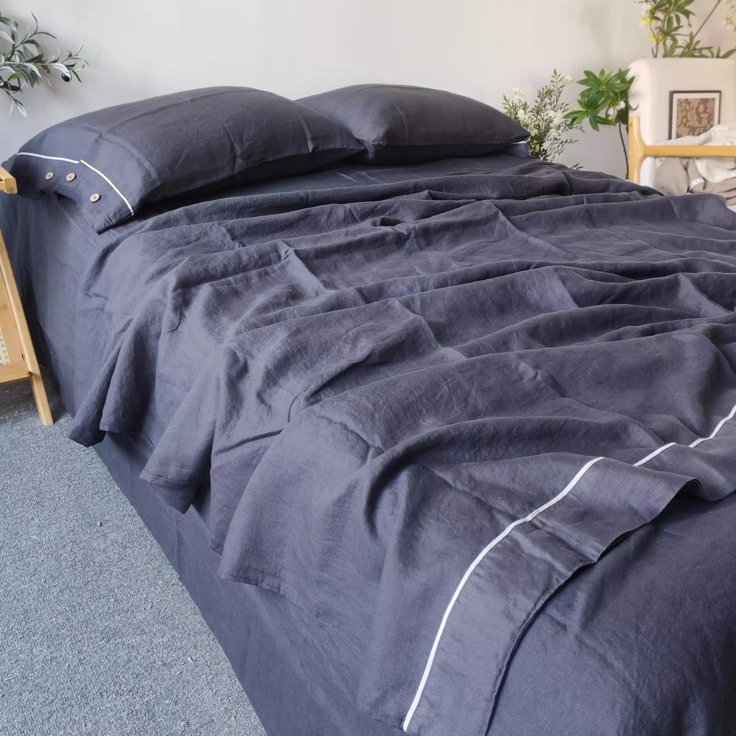 Bed Linen Bedding Set 100% Linen Duvet Cover Set Solid Color Dark Grey Bed Quilt Cover Comforter Cover Fitted Sheet Pillowcases