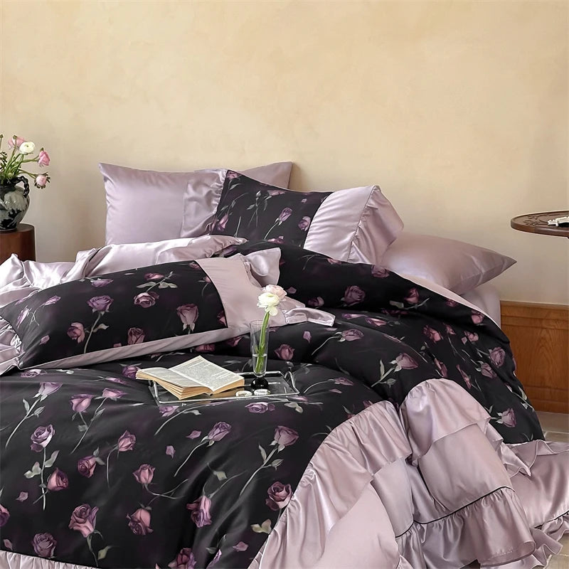 1000TC Egyptian Cotton Vintage Rose Prints Pleated Ruffles Purple Bedding Set Duvet Cover Flat/Fitted Bed Sheet Pillowcases 4Pcs
