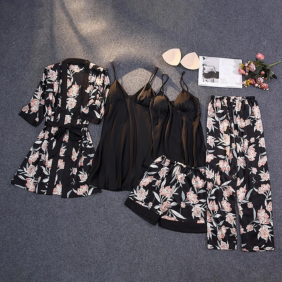 Luxury 5-Piece Lounge Set - Deep V Camisole + Shorts/Pants/Maxi Dress + Robe | Stretchy Floral Lingerie-Inspired Sleepwear