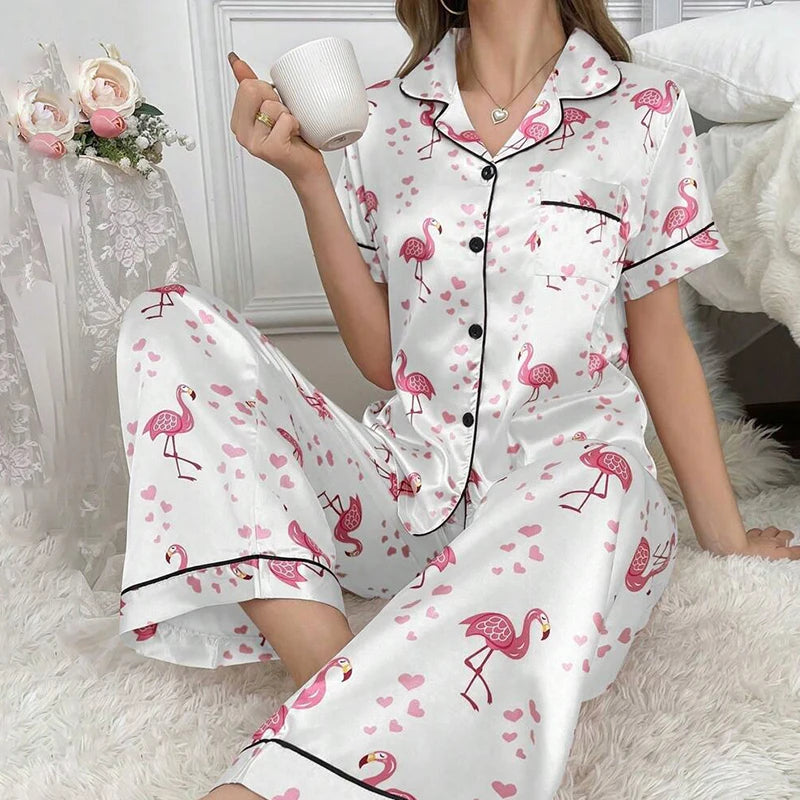 Satin Pajamas for Women Home Clothes Sleepwear Pj Set Autumn Short Sleeve Button Up Top with Lapel Collar & Pants Pyjama Femme
