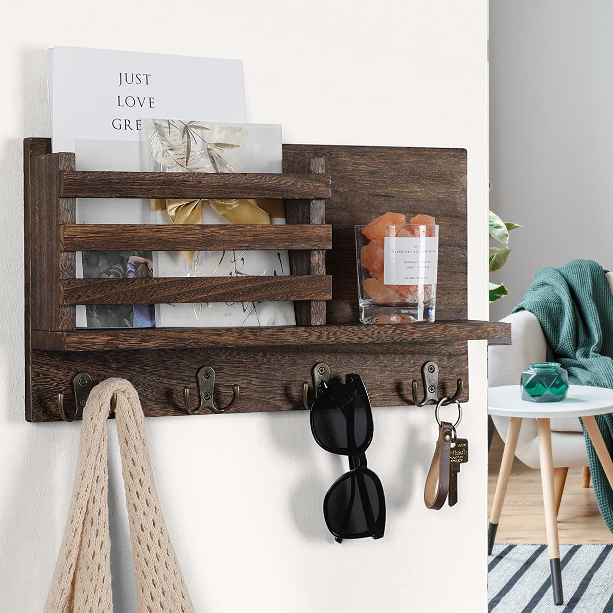 Key Holder for Wall with Shelf Rustic Mail Organizer Wall Mount Wooden Entryway Hanging Mail Organizer Home Storage Holder Racks