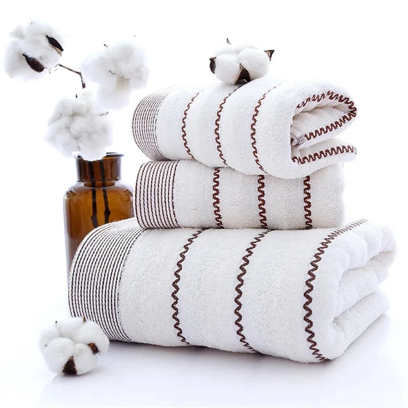 Wave Stripe Towel Set Milk White Hand/Face/Bath Washcloth 100%Cotton 70*140cm+35*75cm*2pcs Beach Toalla For Hotel Home Bathroom
