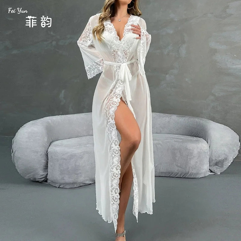 Luxury Mesh Hooded Long Robe Kimono Bathrobe Gown Spring Summer New Female Sleepwear Night Dress Loose Satin Homewear Nightgown