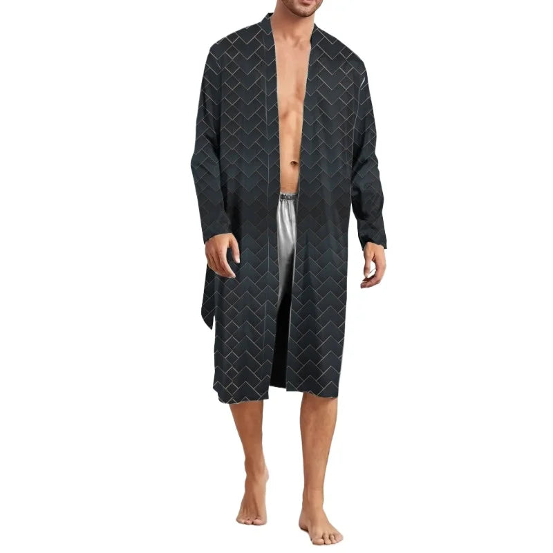 2025 Men's Sleeping Robe Ice Silk Thin Style High End Simple Sleepwear Summer Medium Long Sleeve Bathrobe