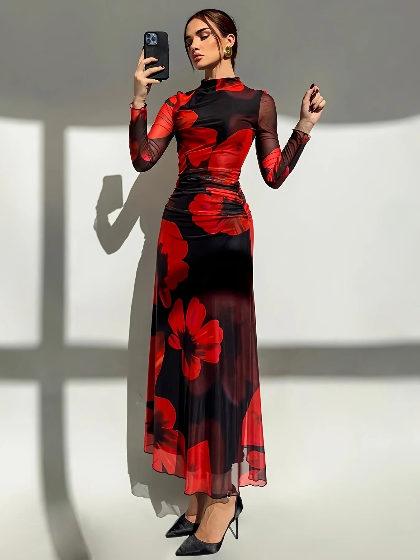 Elegant Dress Flower Print Women's Streetwear Fashion o-Neck Skinny Sexy Lady Dresses 2025 Summer New
