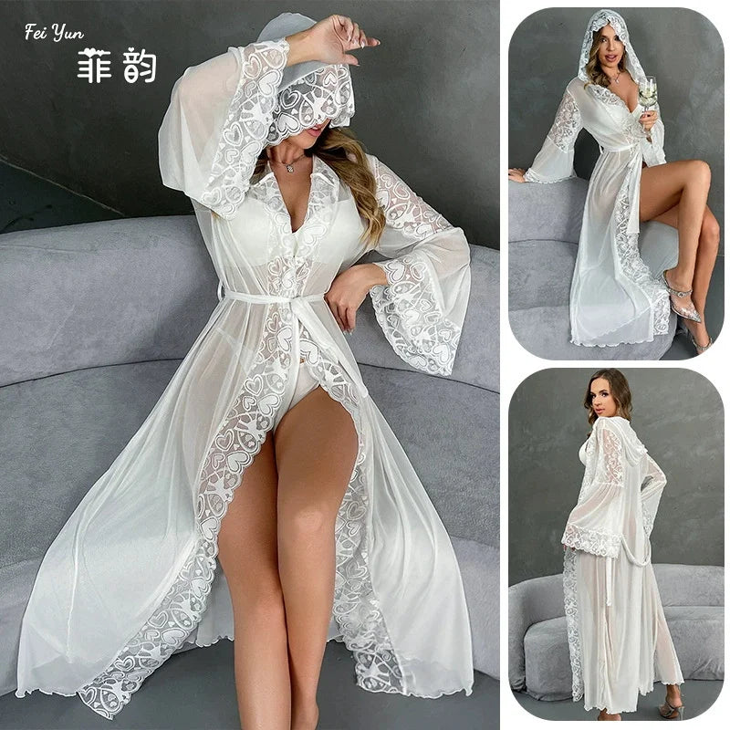 Luxury Mesh Hooded Long Robe Kimono Bathrobe Gown Spring Summer New Female Sleepwear Night Dress Loose Satin Homewear Nightgown