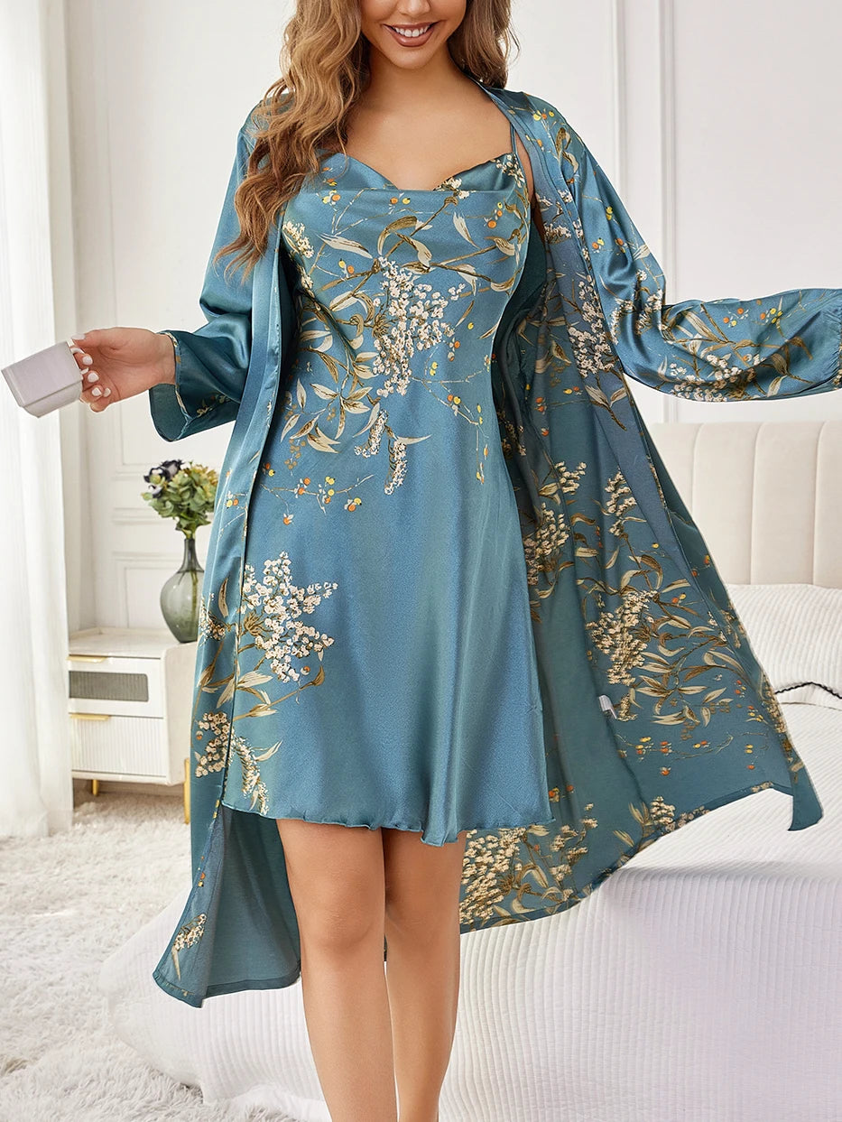 Premium Two Piece Floral Print Robe And Nightgown Set Luxury Elegant Loungewear Effortless Chic Homewear For Cozy Styling