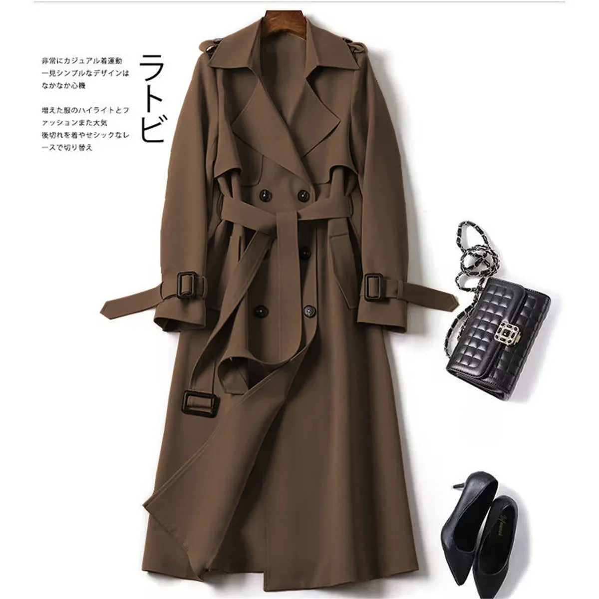 Elegant Women Fashion British Jackets Autumn Winter Widebreaker Streetwear Midi Coats Casual Office Lady Button Slim Chic Coat