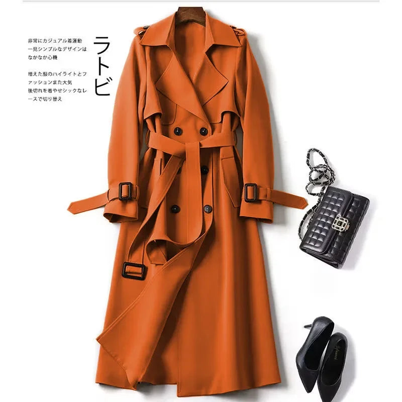 Elegant Women Fashion British Jackets Autumn Winter Widebreaker Streetwear Midi Coats Casual Office Lady Button Slim Chic Coat