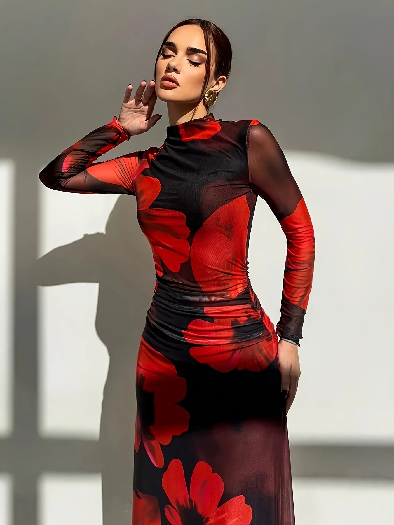 Elegant Dress Flower Print Women's Streetwear Fashion o-Neck Skinny Sexy Lady Dresses 2025 Summer New