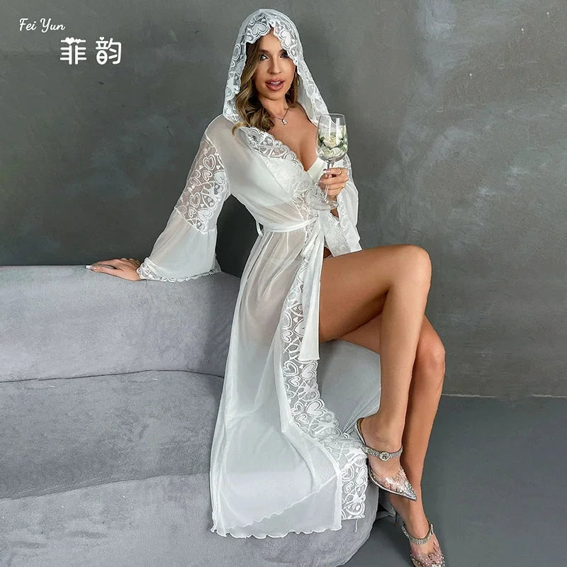 Luxury Mesh Hooded Long Robe Kimono Bathrobe Gown Spring Summer New Female Sleepwear Night Dress Loose Satin Homewear Nightgown