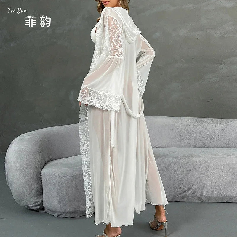 Luxury Mesh Hooded Long Robe Kimono Bathrobe Gown Spring Summer New Female Sleepwear Night Dress Loose Satin Homewear Nightgown