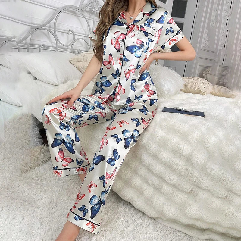 Satin Pajamas for Women Home Clothes Sleepwear Pj Set Autumn Short Sleeve Button Up Top with Lapel Collar & Pants Pyjama Femme
