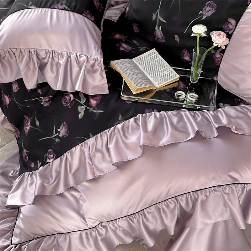 1000TC Egyptian Cotton Vintage Rose Prints Pleated Ruffles Purple Bedding Set Duvet Cover Flat/Fitted Bed Sheet Pillowcases 4Pcs