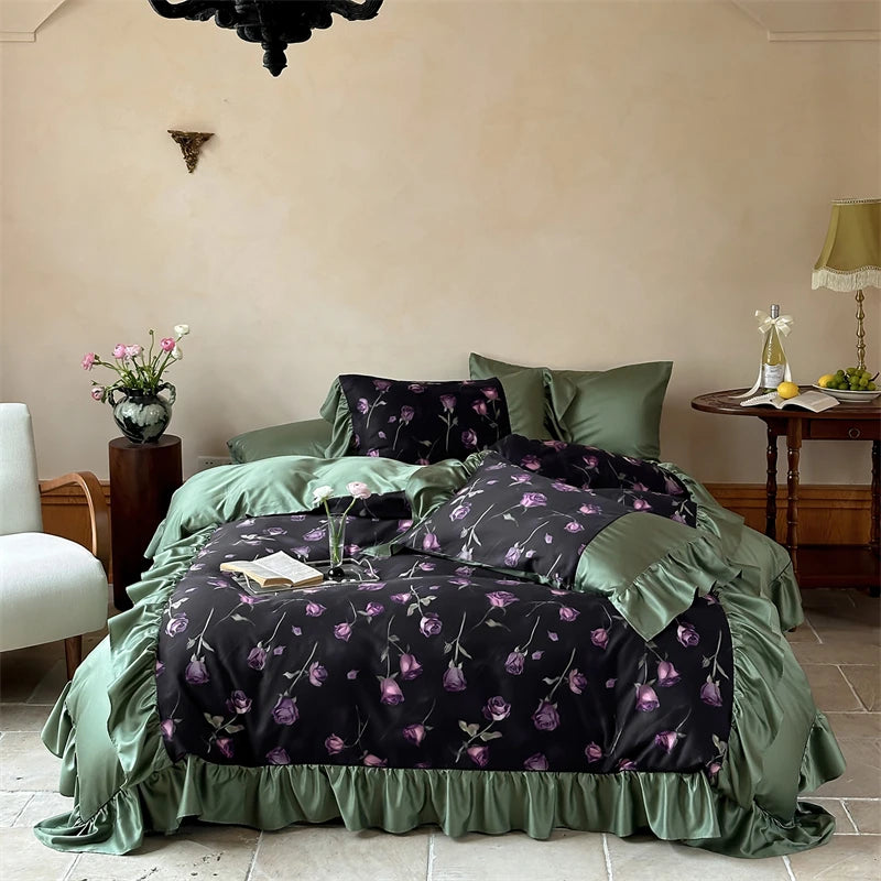 1000TC Egyptian Cotton Vintage Rose Prints Pleated Ruffles Purple Bedding Set Duvet Cover Flat/Fitted Bed Sheet Pillowcases 4Pcs