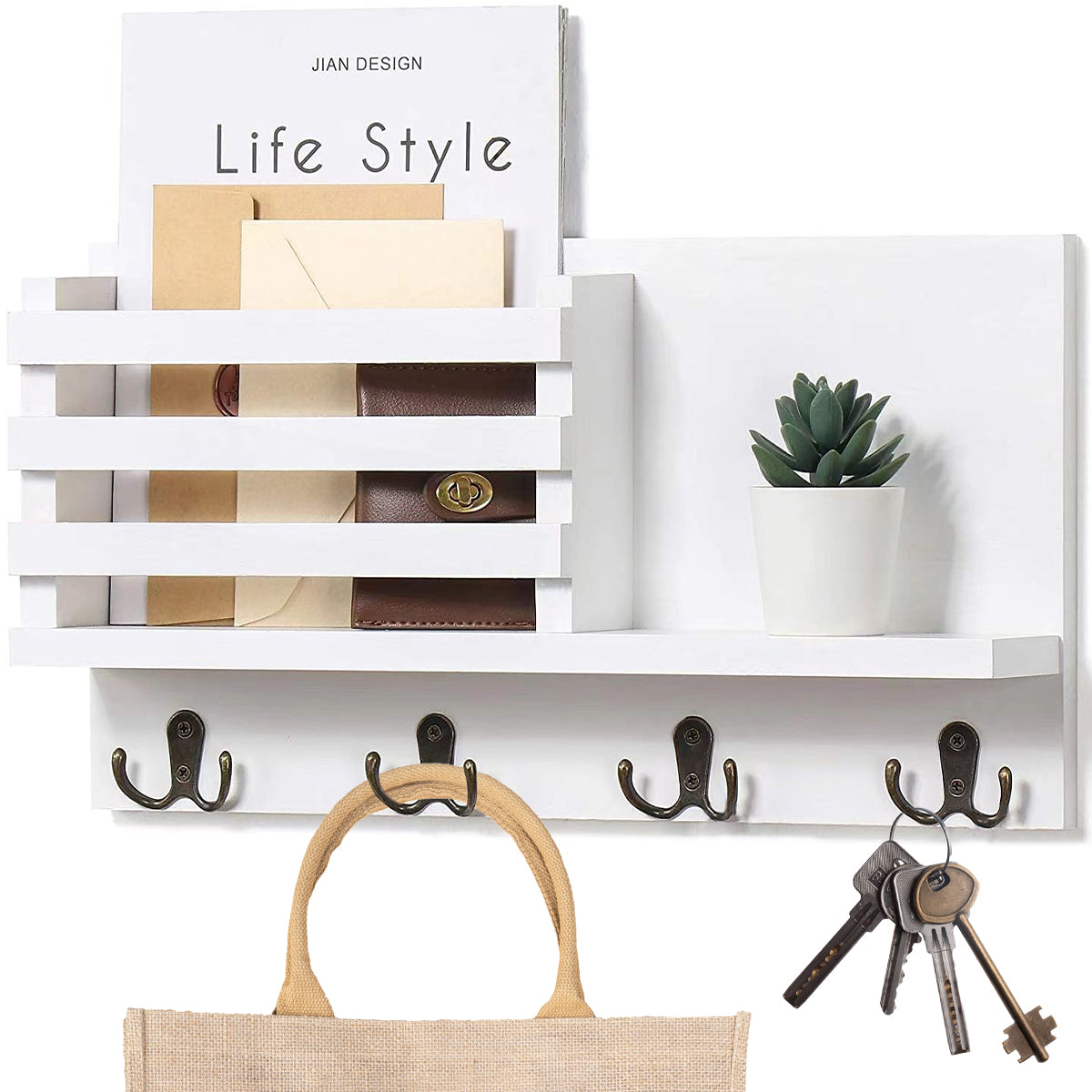 Key Holder for Wall with Shelf Rustic Mail Organizer Wall Mount Wooden Entryway Hanging Mail Organizer Home Storage Holder Racks